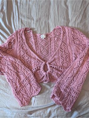 Francesca's Collections Dusty Rose Knit V-Neck Tie-Front Sweater